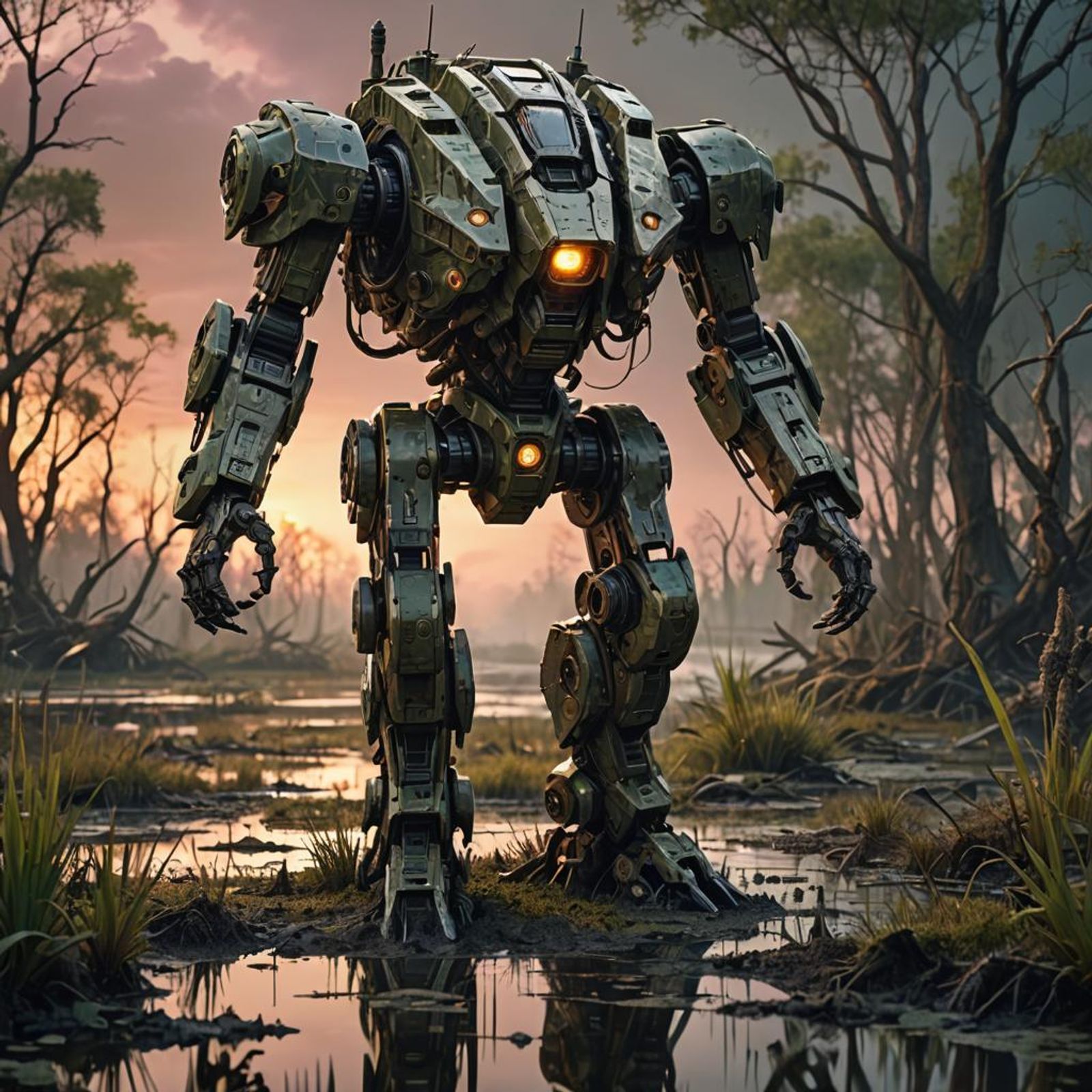 macro camouflage mech walking through an swamp at sunset, horror ...