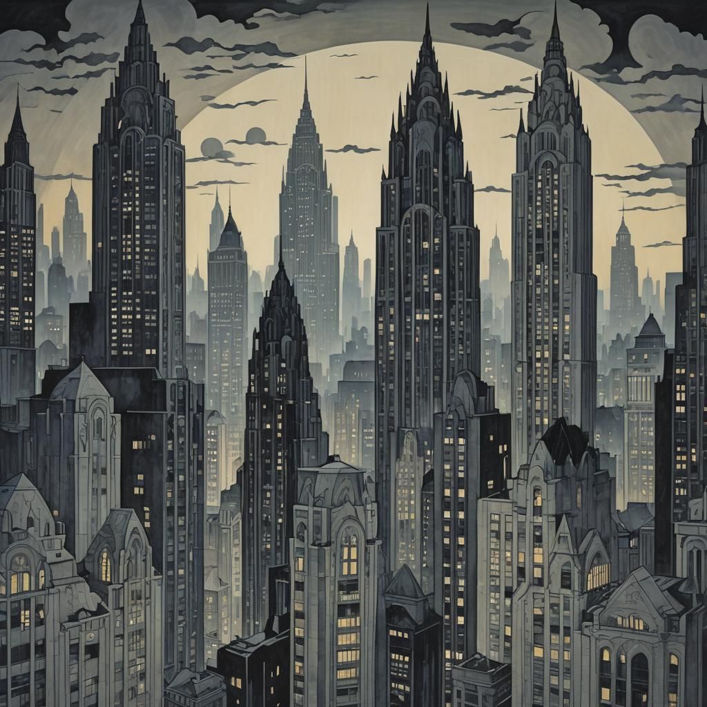 Ethereal Cityscape with Fragmented Figure in Gothic Art Deco...