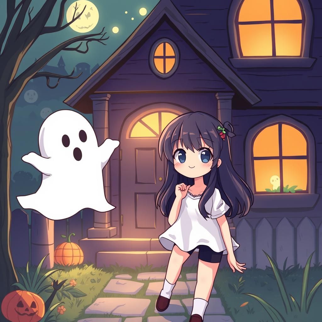 Girl and ghost friend exploring a haunted house