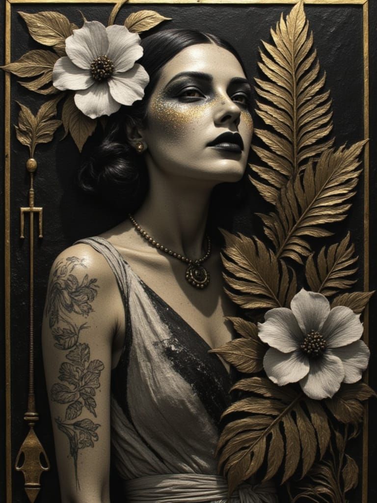 A Flapper dancing, Three dimensional textured impasto, The Matrix Tattoo floral gardenia monstera palm 1940s, surreal Black white gold Art D...