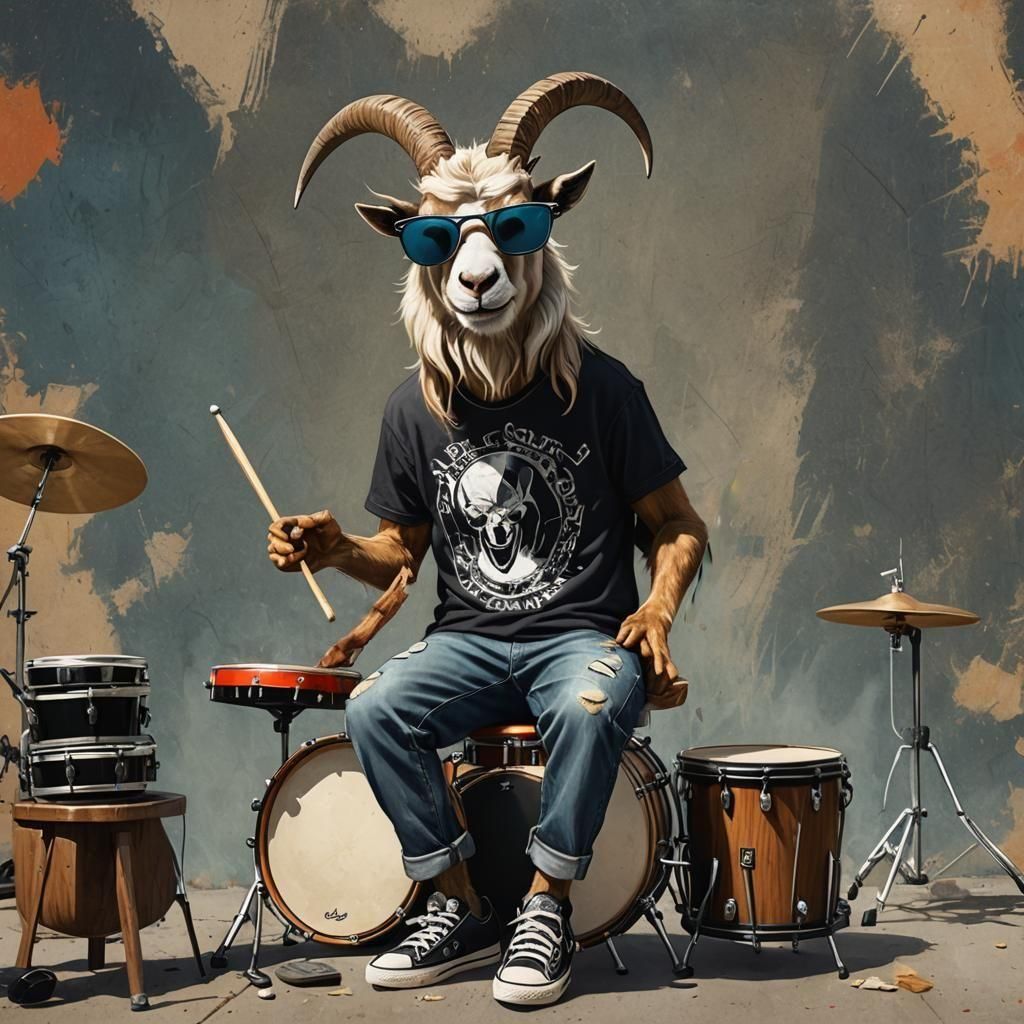 a goat with big horns, angry face, sitting down on a stool, wearing sunglasses, playing a drum set, wearing short jeans and a C B G B t shir...