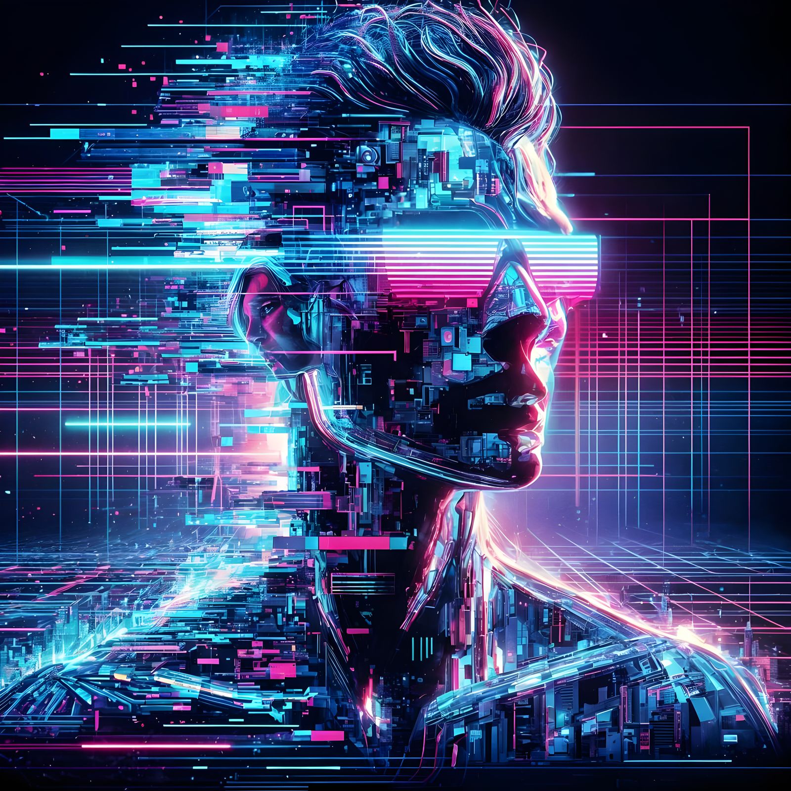 A glitch potrait of a futuristic photo. High resolution.   by @Irene