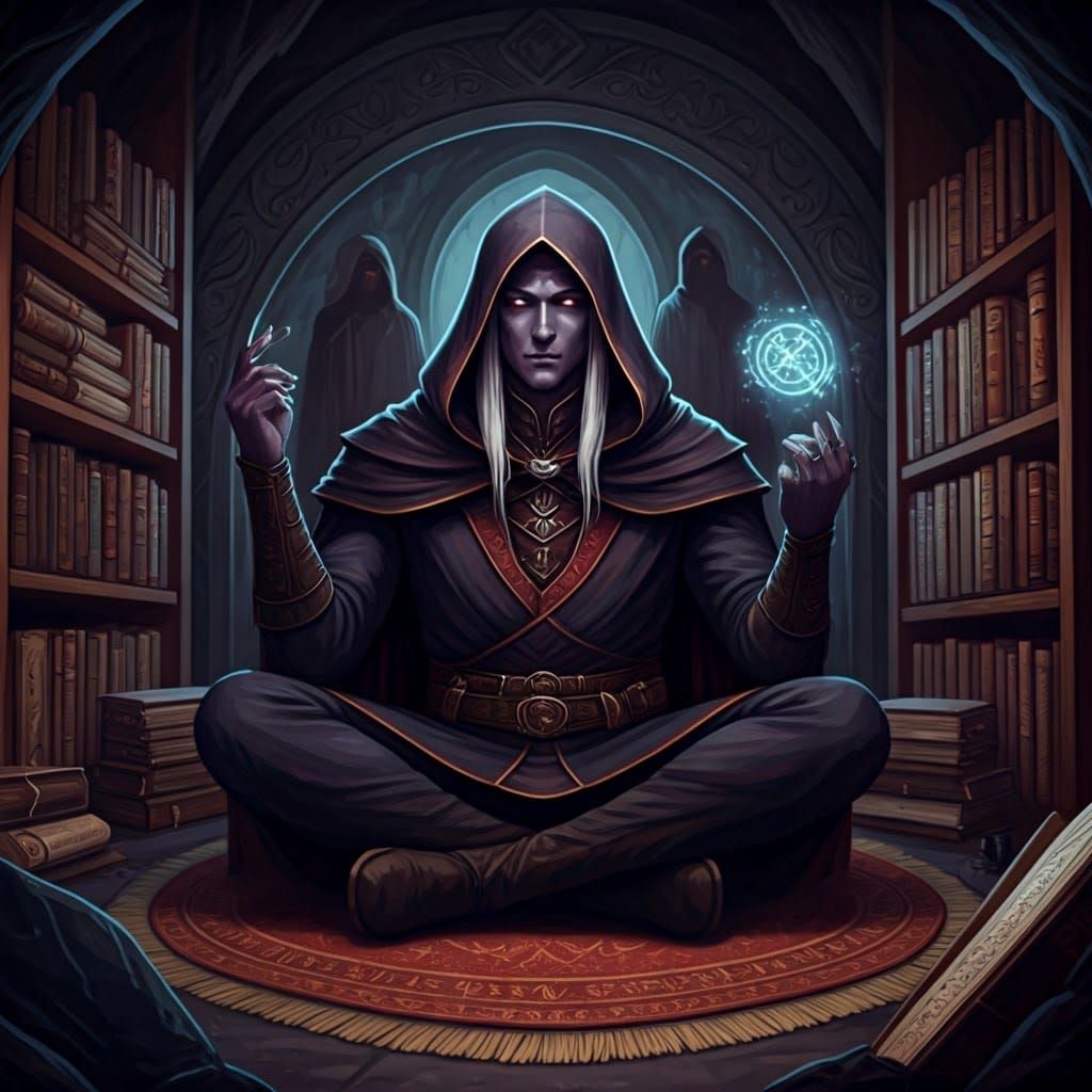 A dark fantasy character portrait of a male drow scroll merchant, dealing in forbidden tomes and ancient magical knowledge. He sits cross-le...