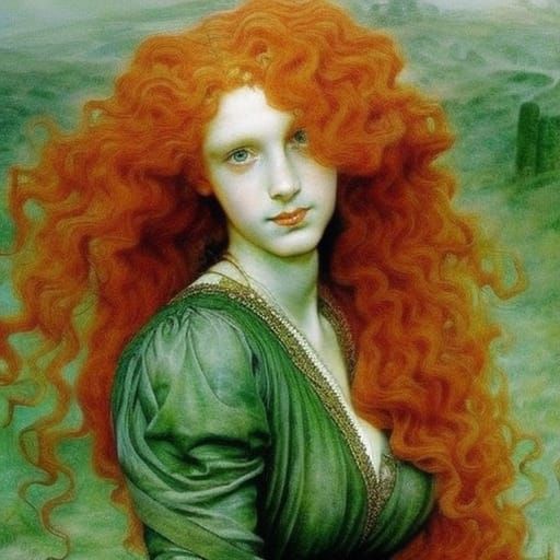 Portrait of a red haired girl in a green dress, by Alan Lee