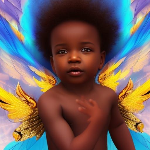 beautiful young black baby angel with crystal wings flying a...