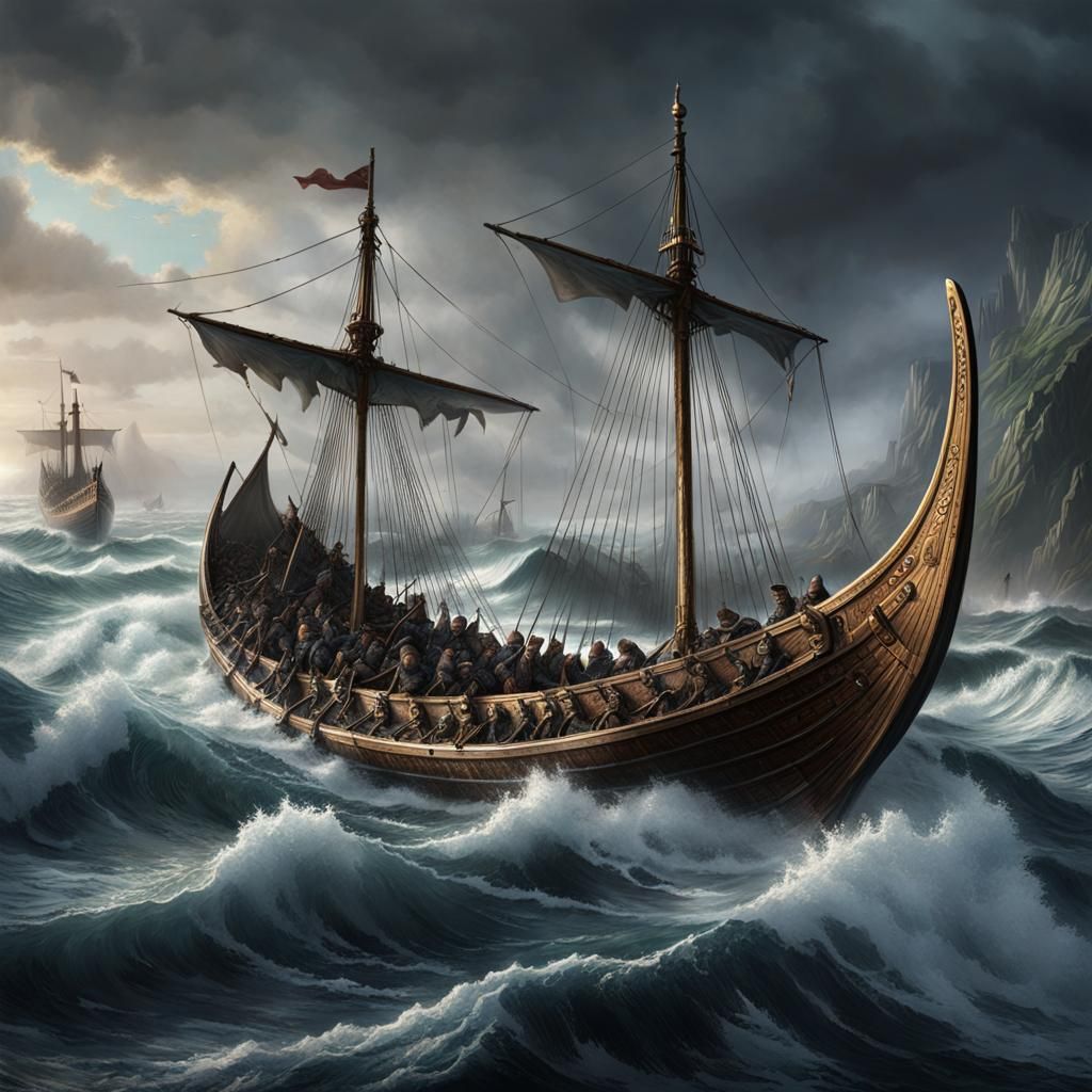 Viking long boats, full of warriors, battle the rough seas, ...