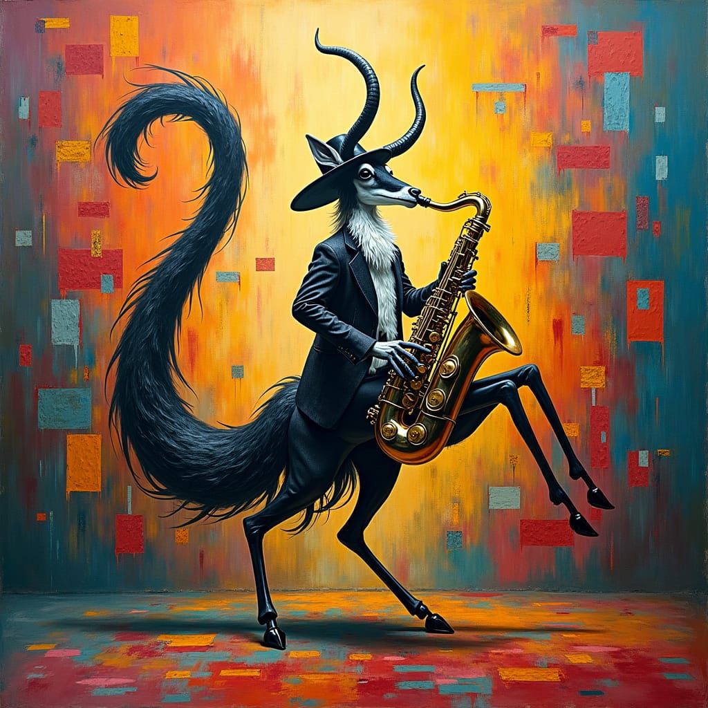 Surrealistic jazz scene. Close-up shot. A  gazelle  wearing ...