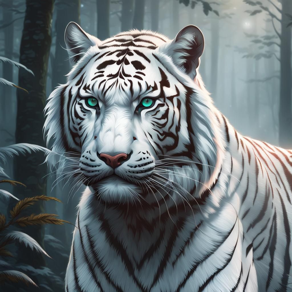 white tiger with very misty forest background