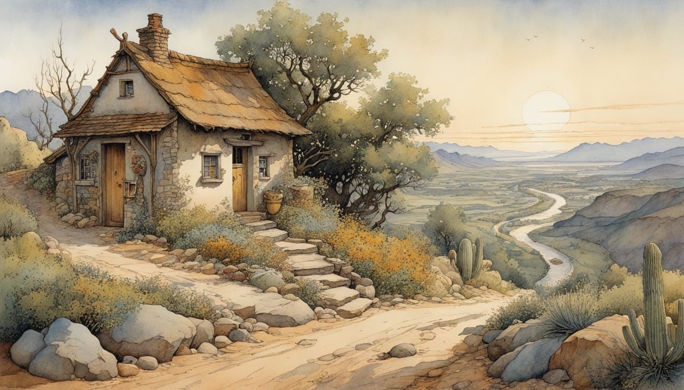 Arizona Night Scene in Storybook Illustration Style