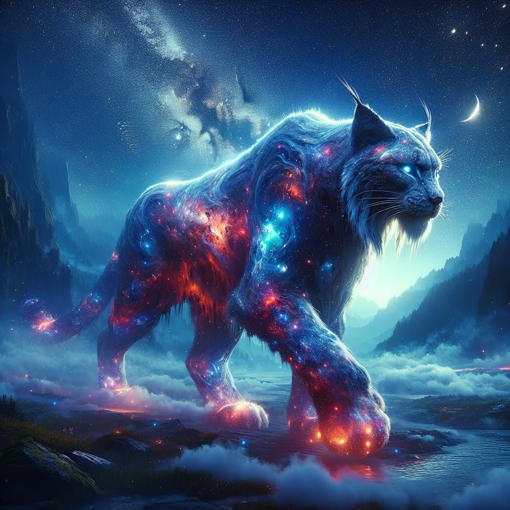 Cosmic Lynx Striding Through Misty Valley