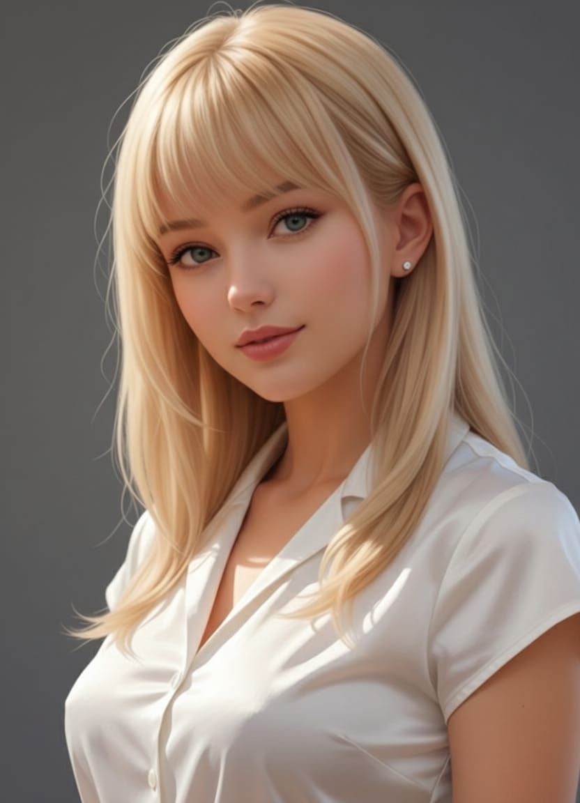 Create a photorealistic image of the uploaded woman in a courtyard, leaning casually against a brick or stone wall surrounded by potted plan...