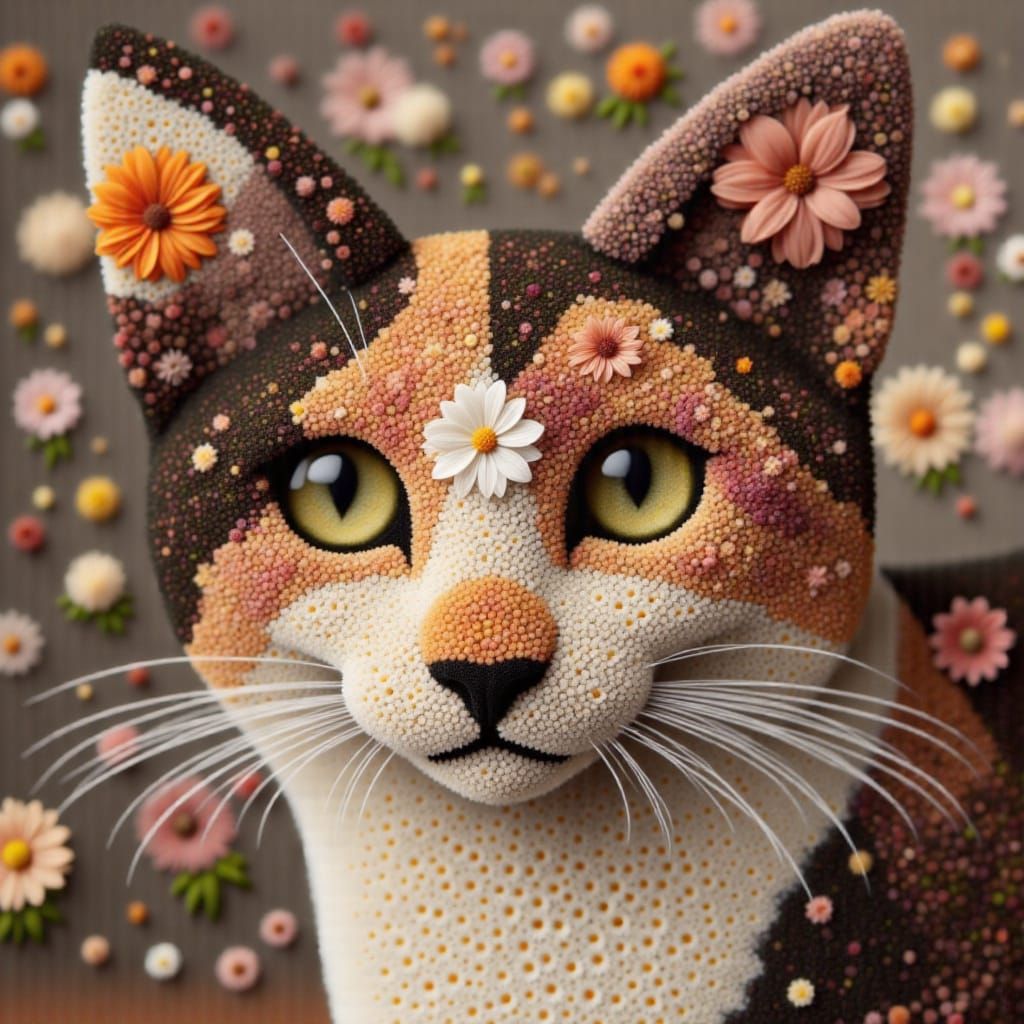 Calico cat made of tiny flowers <lora:Made of flowers:5.0>