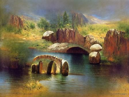 Crumbling stone bridge by a lake Albert Bierstadt
