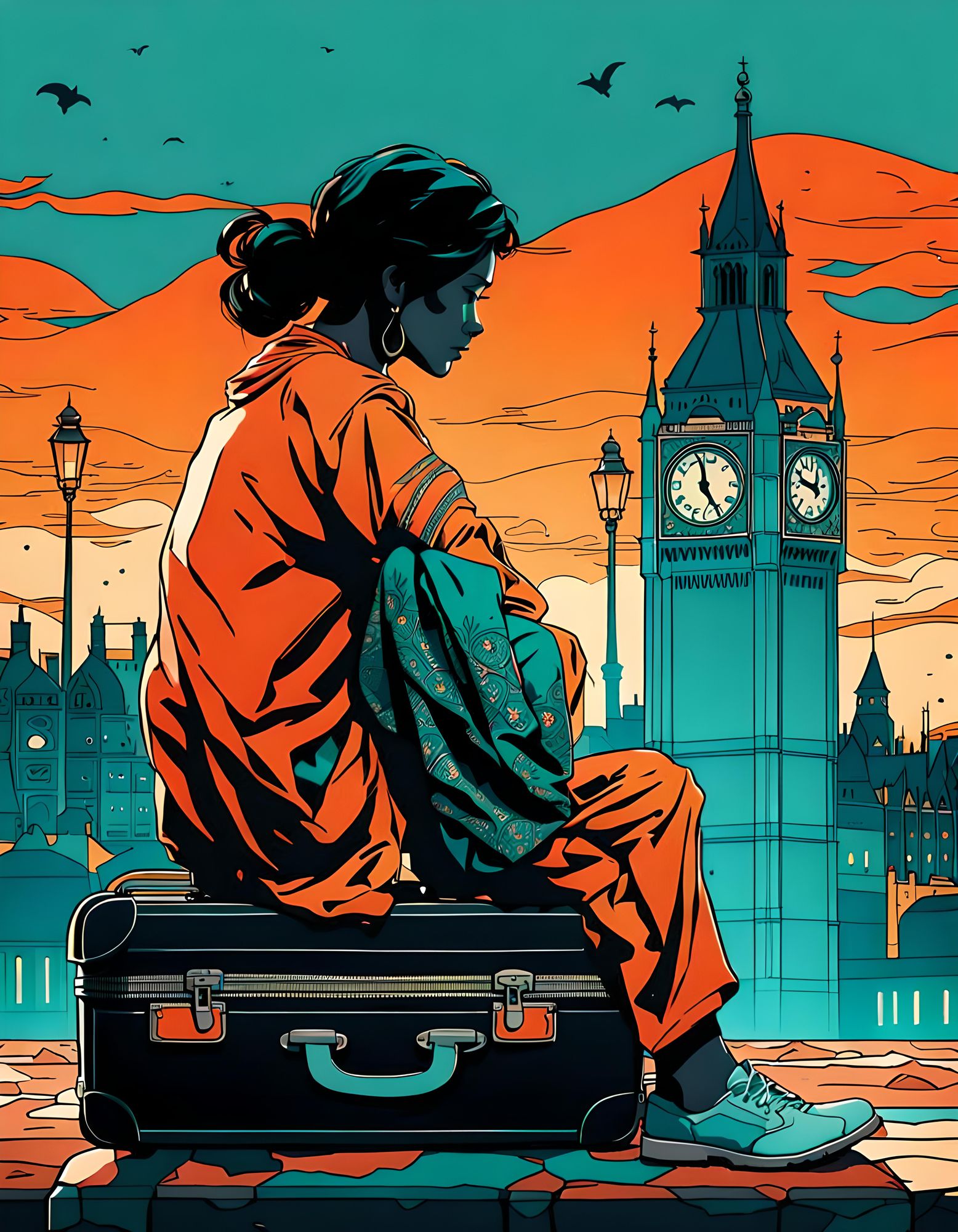 woman sitting on a suitcase. 