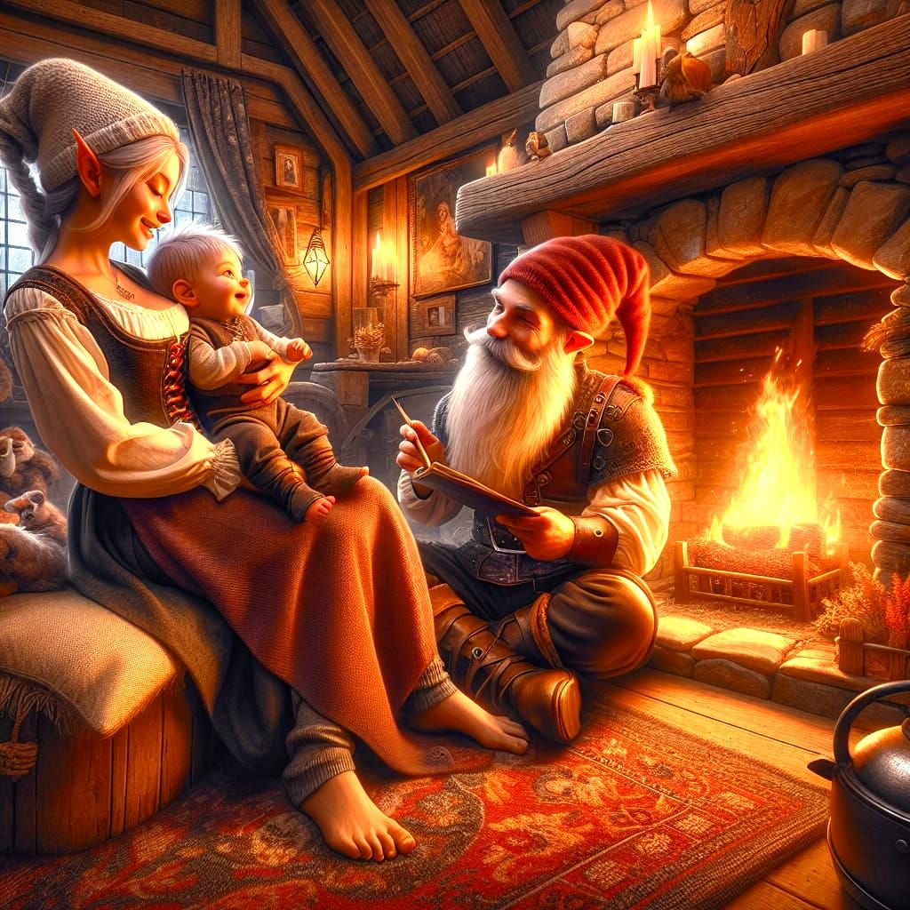 Young Gnome couple playing with their baby in a lovely cottage living room by the hearth. 