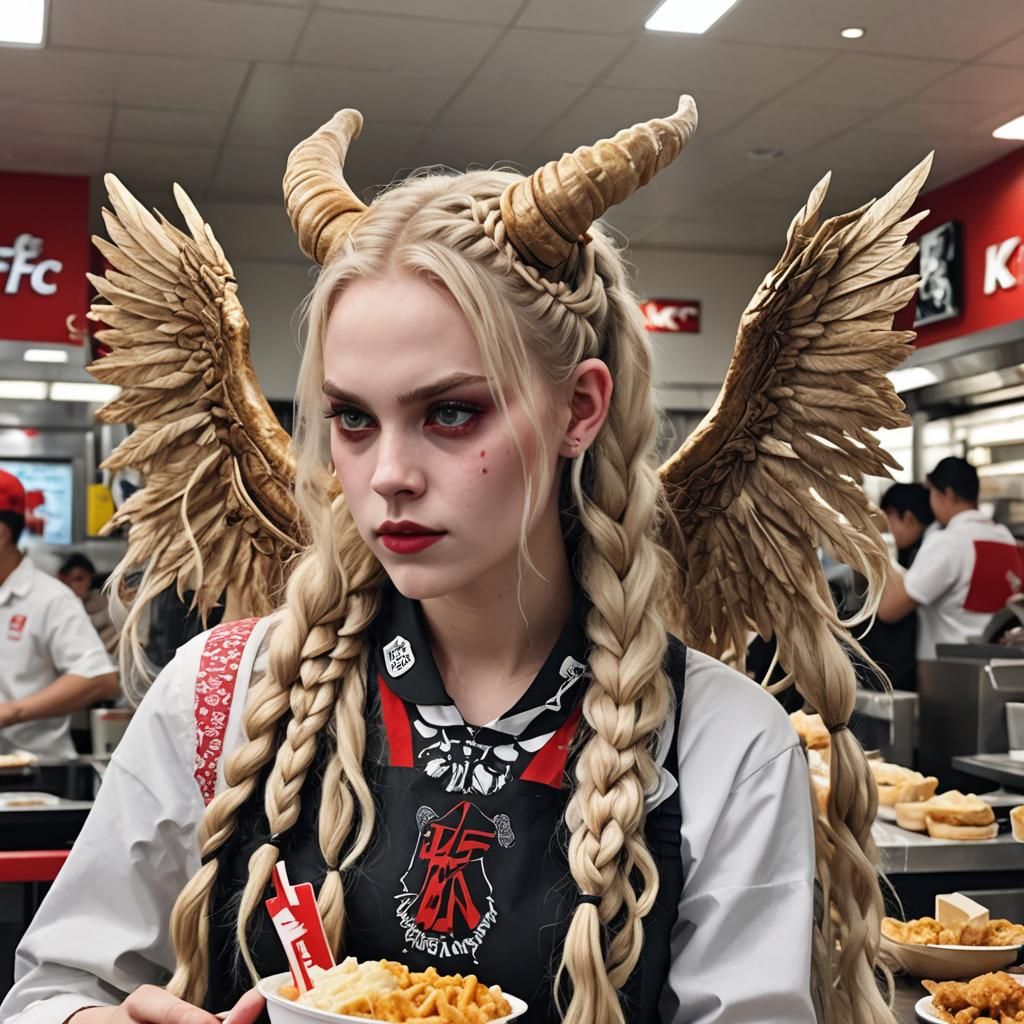 Demon long blonde braids horns wings
Working at kfc