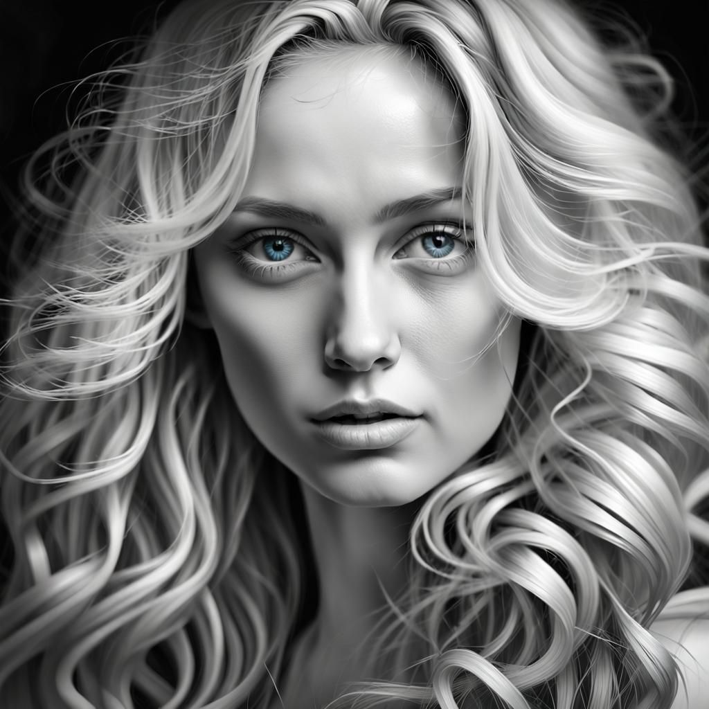 Black and white portrait of a woman with long wavy hair::blo...