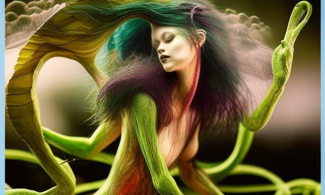 grasshopper-human hybrid woman in mycelium network in warped...