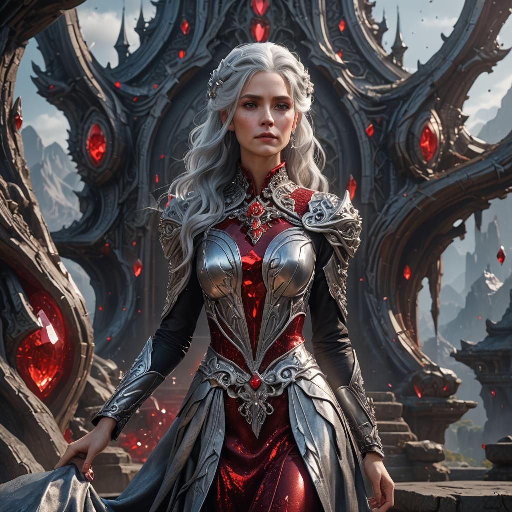silver hair red crystal dress