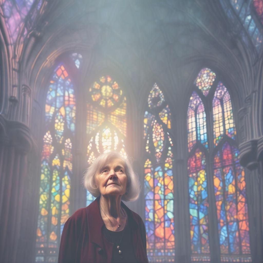 Older Woman in Gothic Stained Glass Sunrise