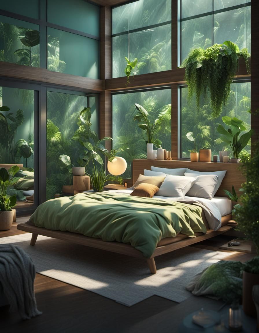 Beautiful eco-friendly bedroom with modern huge Glass windows and Green ...