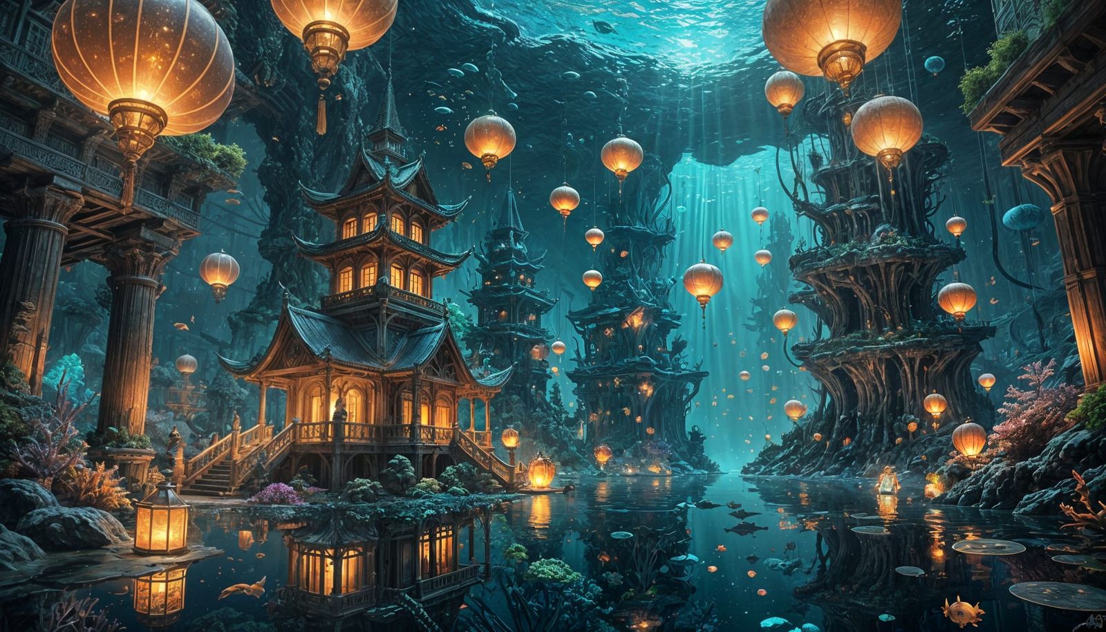 An ethereal underwater city glowing with bioluminescent lights, inhabited by evolved humans with shimmering ...  by @christian vichi