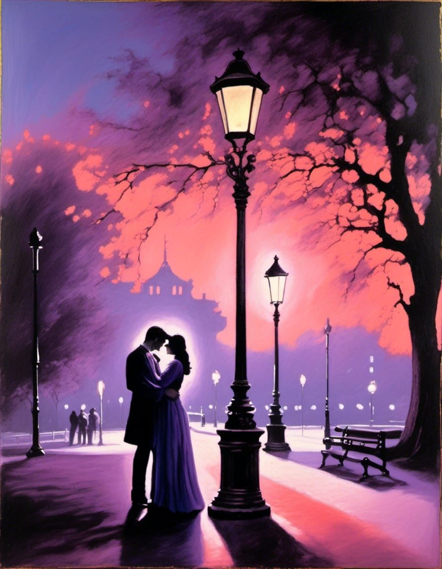 A couple embracing in a park at night, with a street lamp illuminating their surroundings.