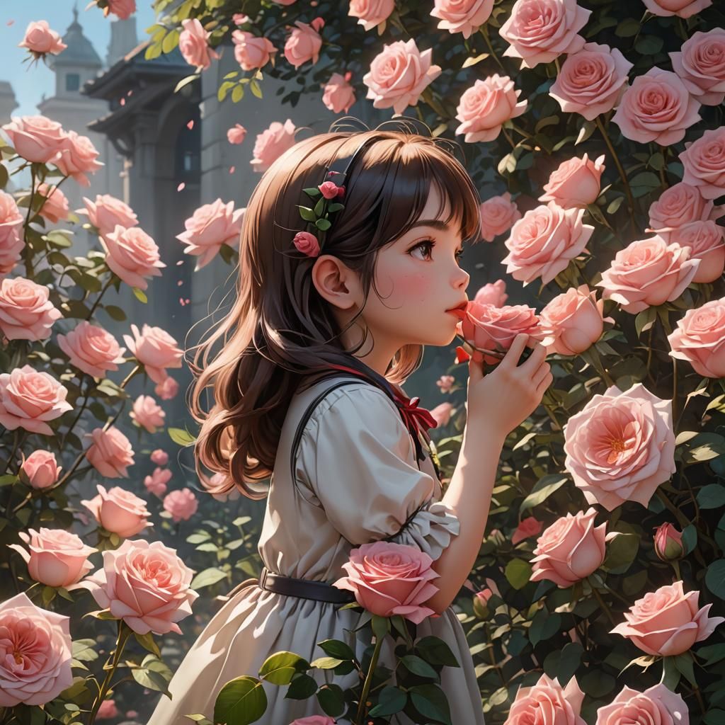 A little girl smelling roses