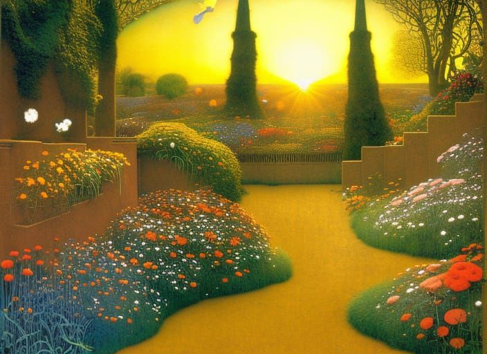 bright beautiful sunrise garden wildflowers daytime sunlight...