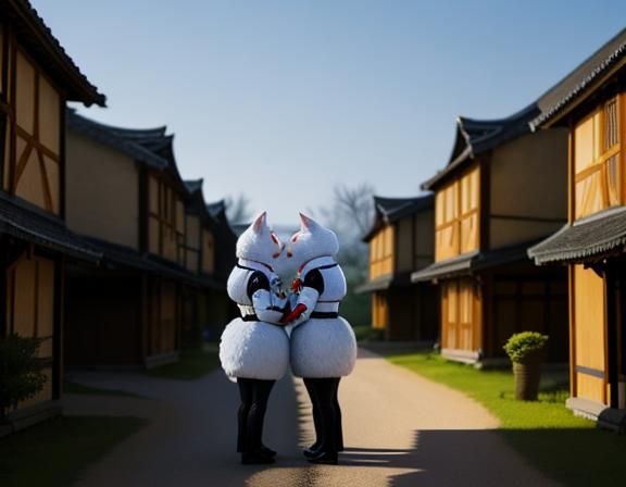 2 identical twin kitsune, wearing identical uniforms. Kissin...