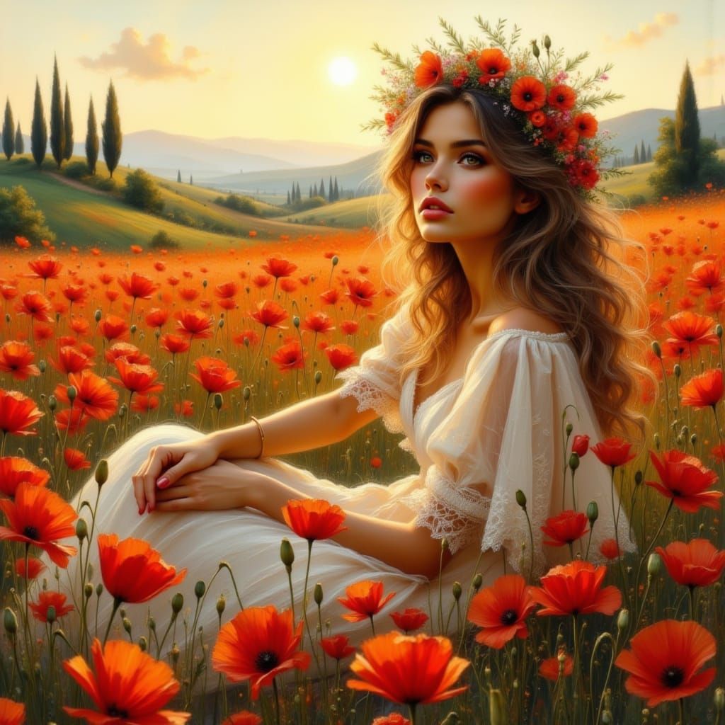Woman in Poppy Field at Golden Hour, Impressionistic Style
