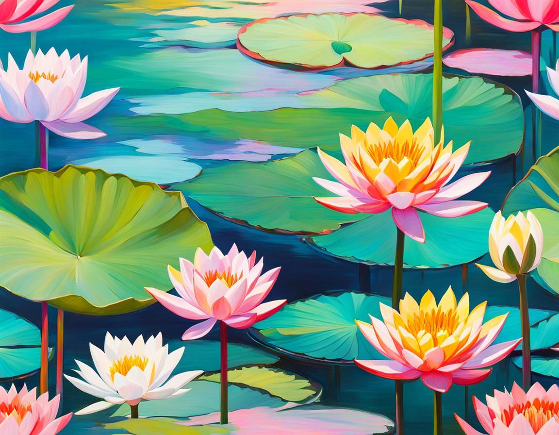 abstract representation in pastel colors of flowering water lilies in