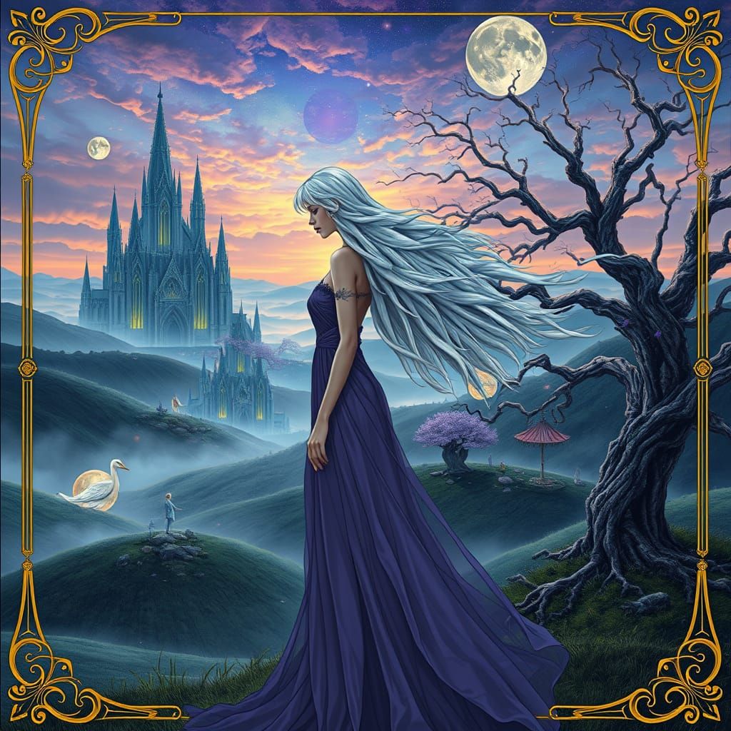A thin woman blending surreal elements, with a dreamlike lan...
