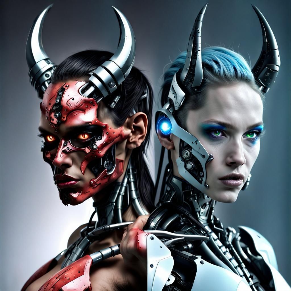 Angel and demon half and half futuristic cyborg style