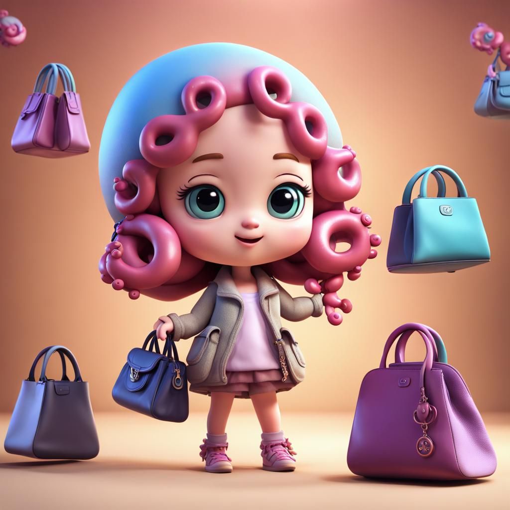 CGI cute chibi girl octopus holding 8 purses, mall - AI Generated ...