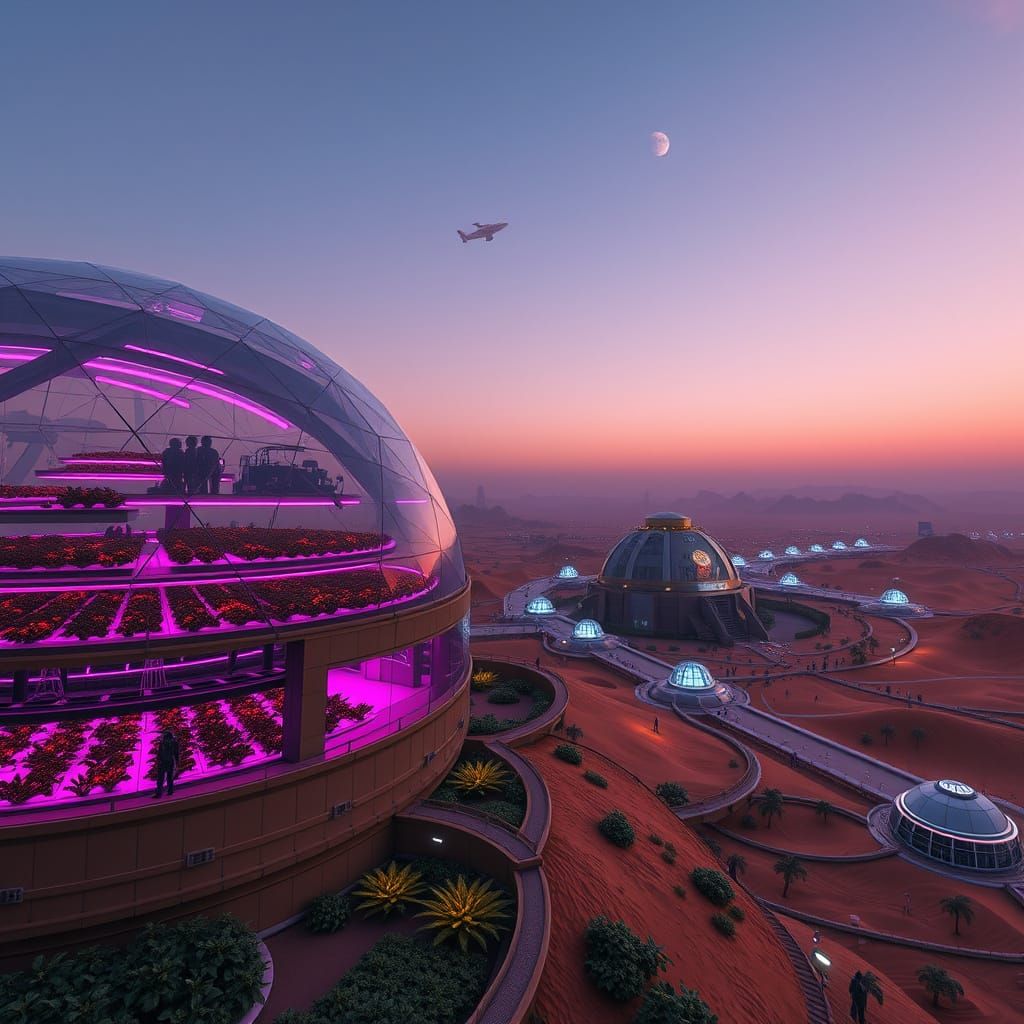 A breathtaking, wide-angle view of a thriving human city on Mars, rendered in a hyper-realistic, cinematic style. In the foreground, a massi...