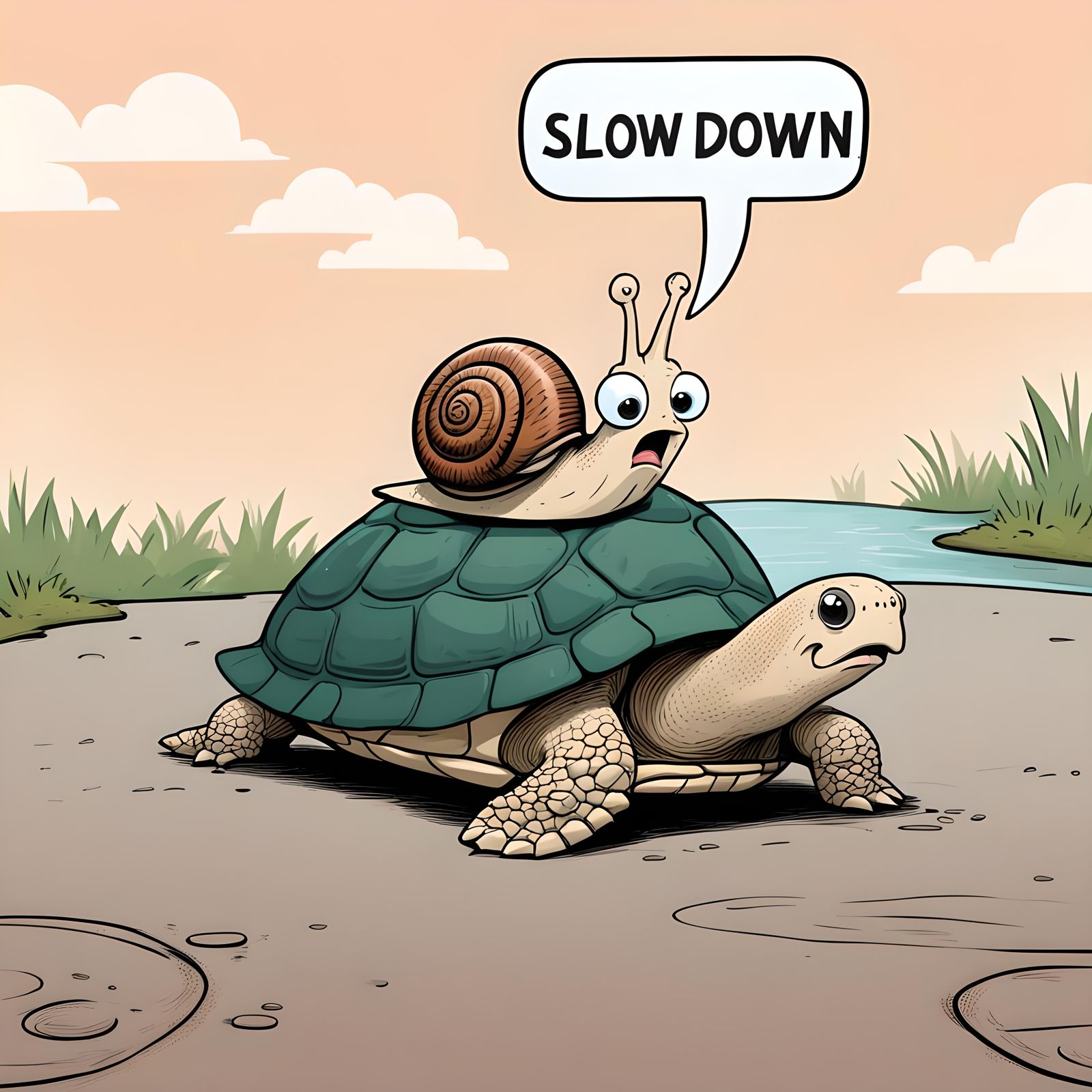 Terrified Cartoon Snail Riding a Turtle