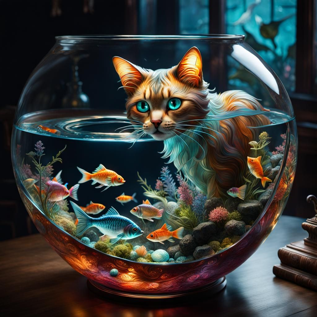 Glass Cat Hunting Fish: Fantasy Core Artwork
