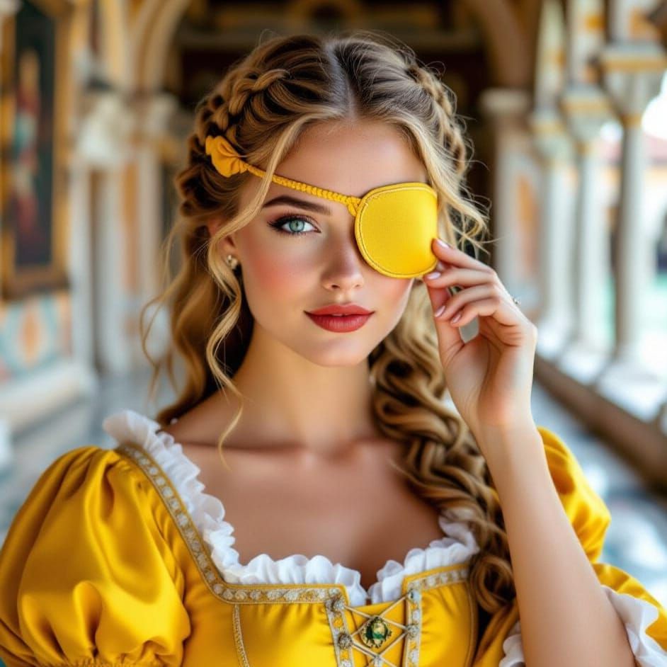 Vibrant photo portrait of a gorgeous blonde woman in yellow ochre Renaissance outfit with eyepatch 