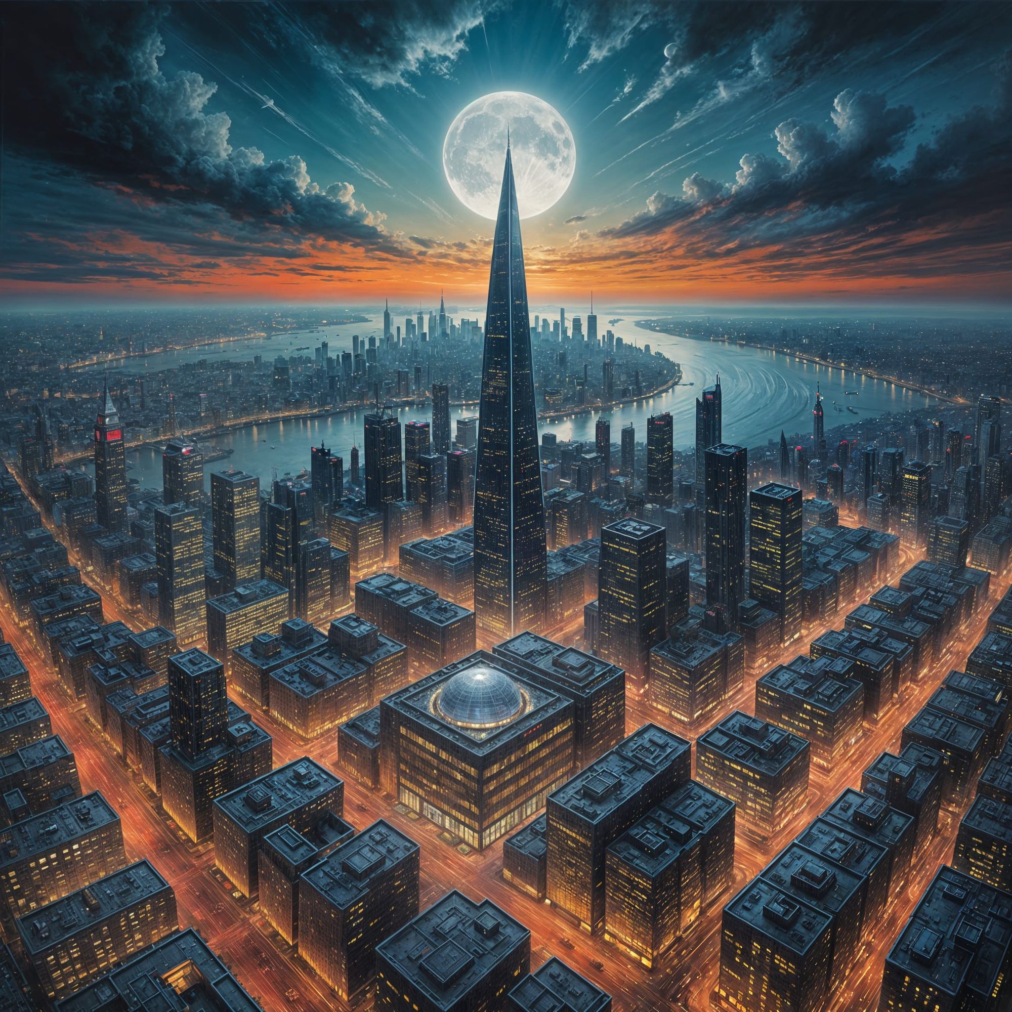 futuristic cityscape, moonlit night, classic oil painting style, high angle view, close-up, balanced composition, mystical atmosphere, volum...