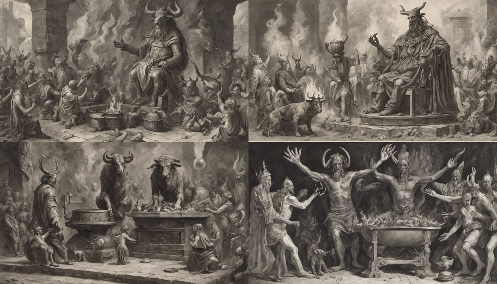 Moloch on his throne. A bronze idol of a man with a bull's head. His