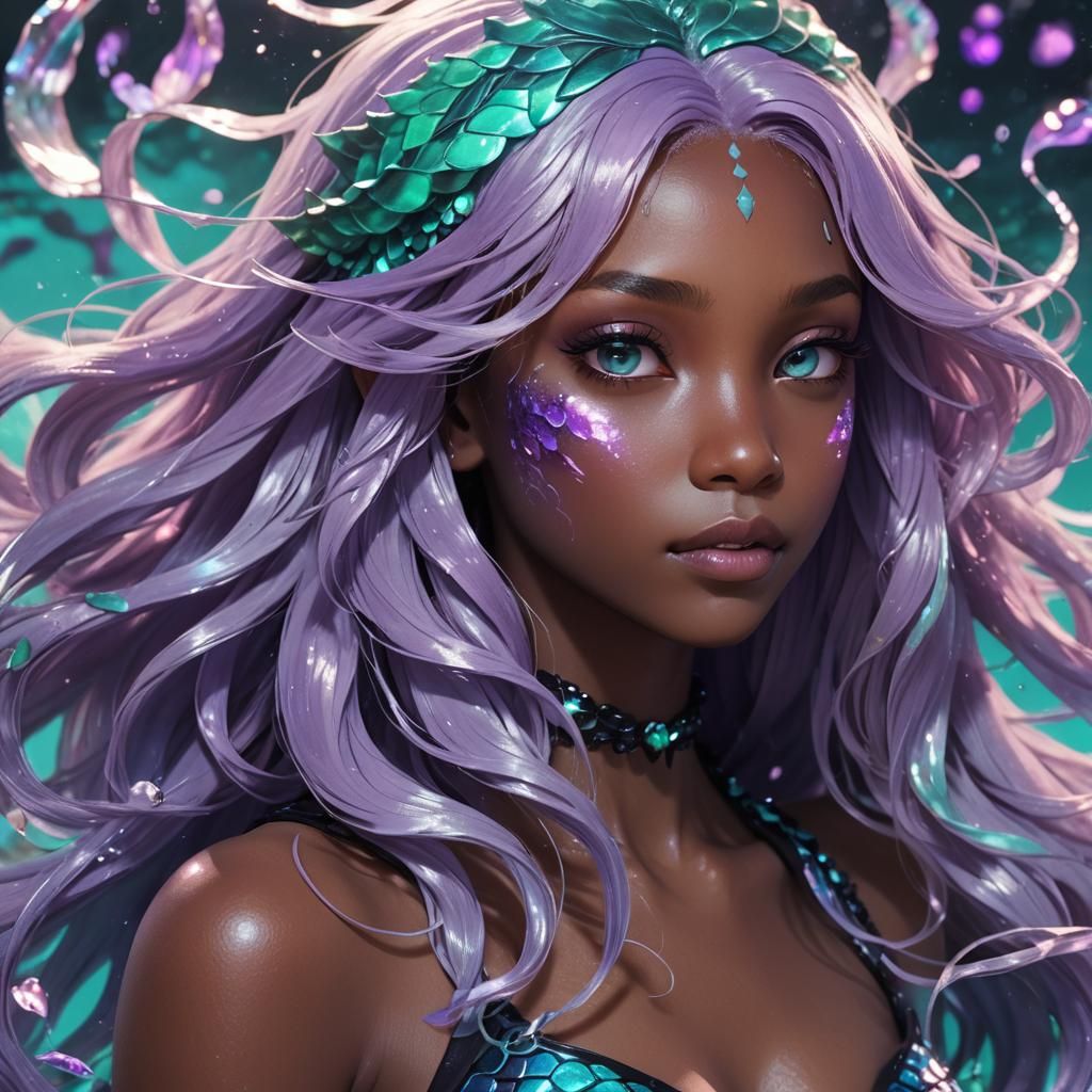 androgynous merfolk with dark skin, long light purple hair, and teal eyes. tail is purple, underwater lighting, wearing a black bodysuit on...
