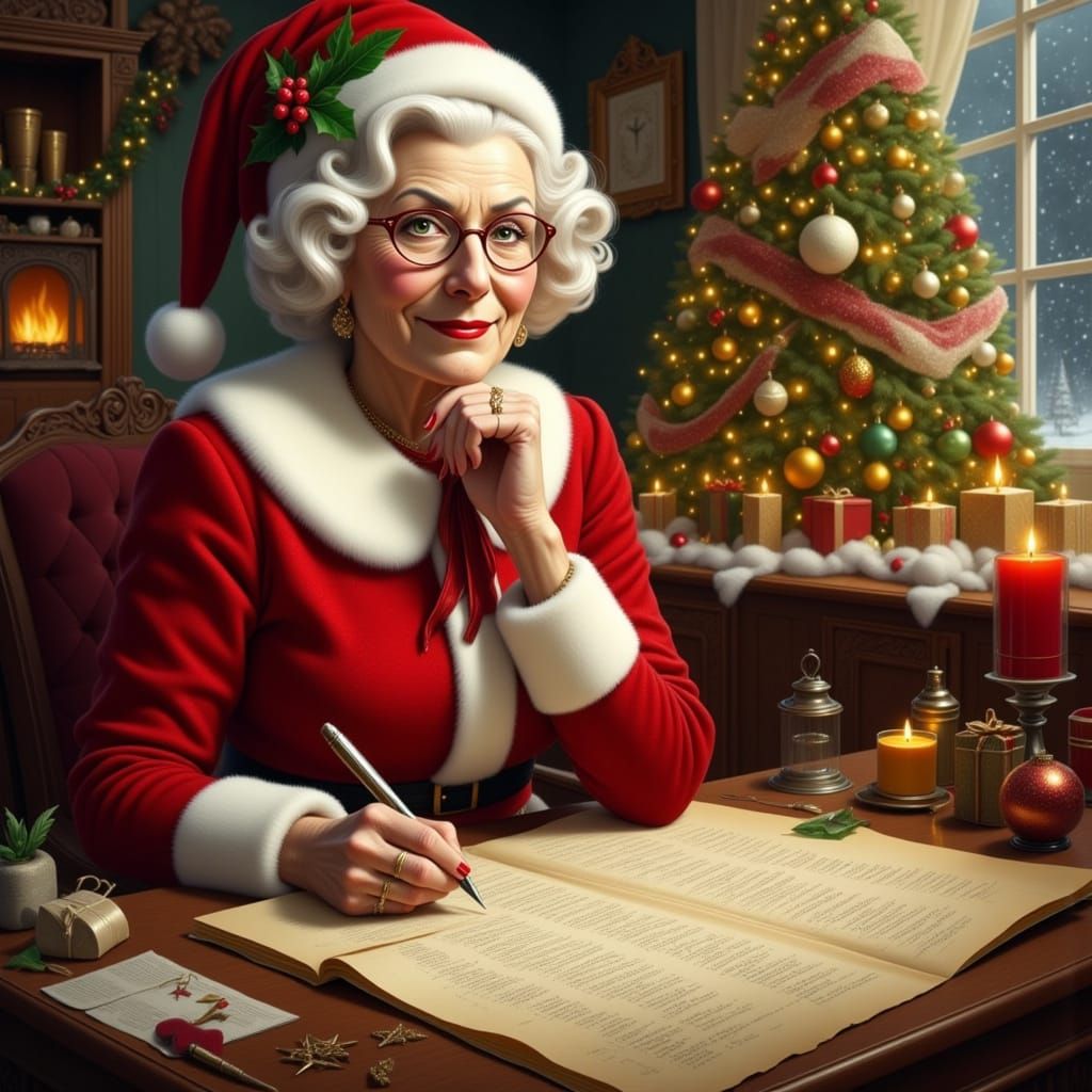 Mrs. Claus Writing Christmas List in Cozy Atmosphere