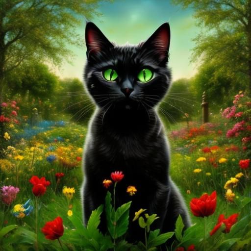 <lora:AnthropomorphicCatSD:1.0> Cute, young black kitty with striking green eyes in a colorful english flower garden.