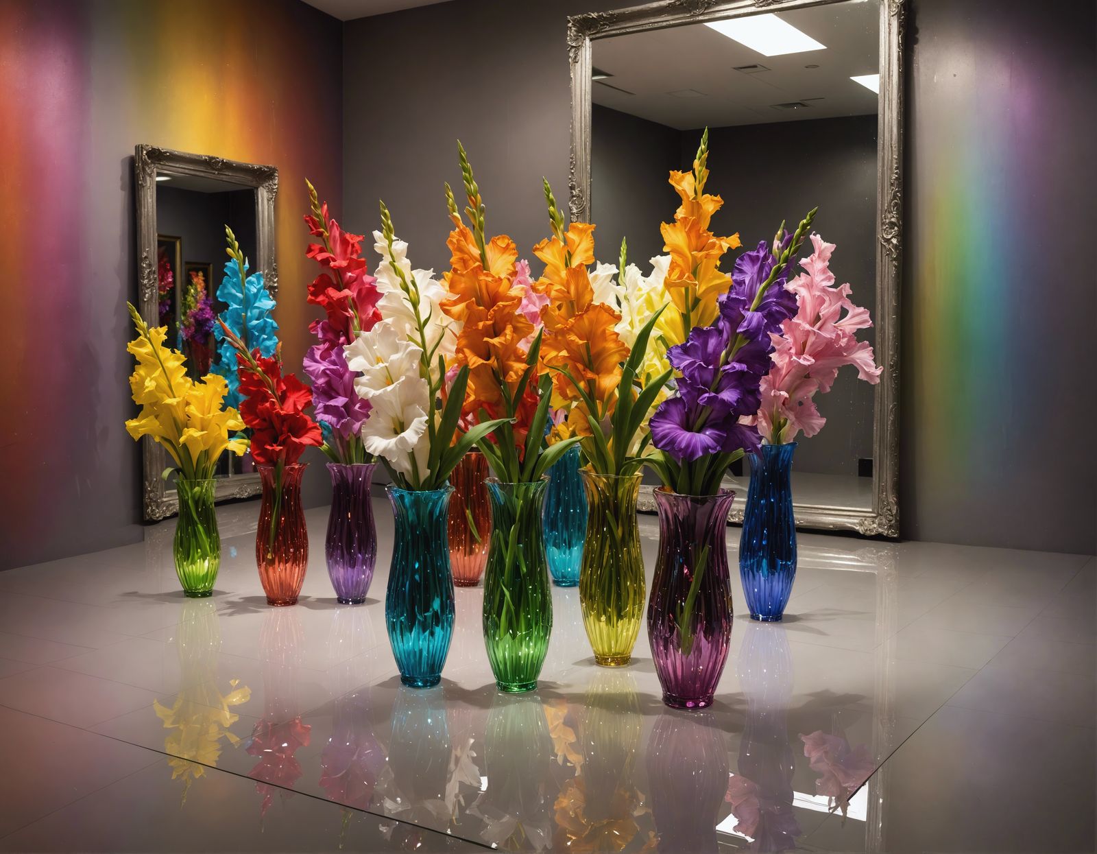Sprays of gladiolas in all hues of the rainbow in crystal vases placed on a stage with a mirror shiny floor. Hyperrealis...