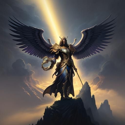 Majestic Archangel Overlooking Golden City in Chiaroscuro