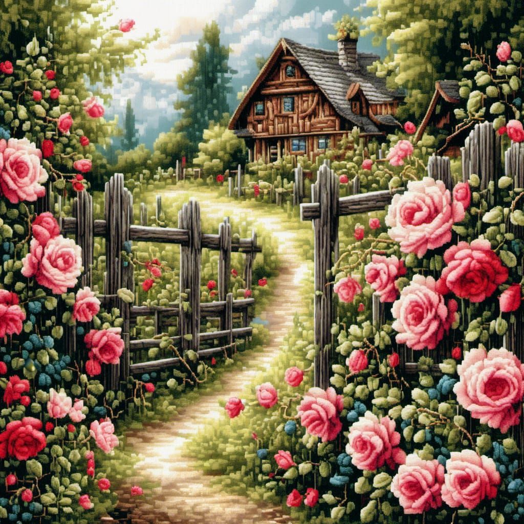 <lora:Cross Stitch:1.0> beautiful stunning image of hyper detailed intricate hyper realistic full screen cross stitch image rustic country f...