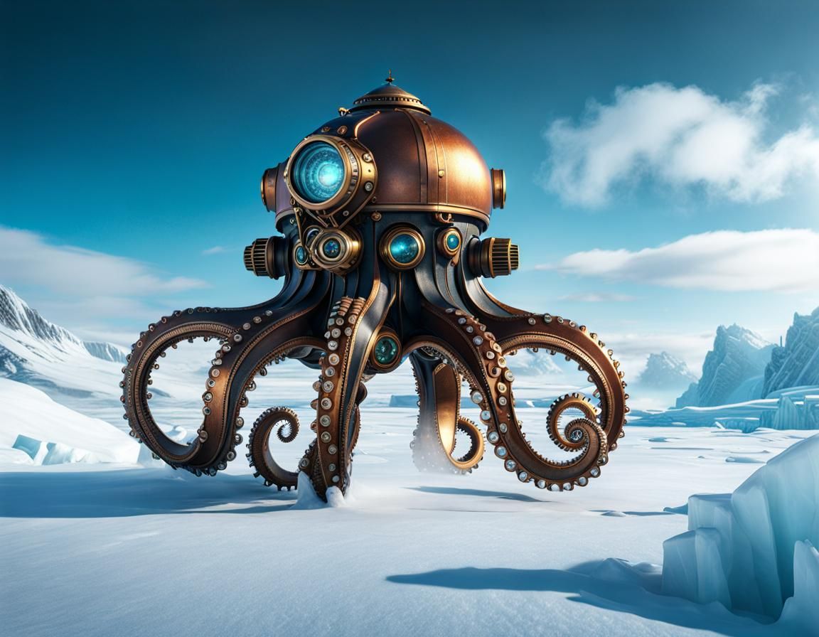 steampunk octopus robot over polar landscape  by @tsahel