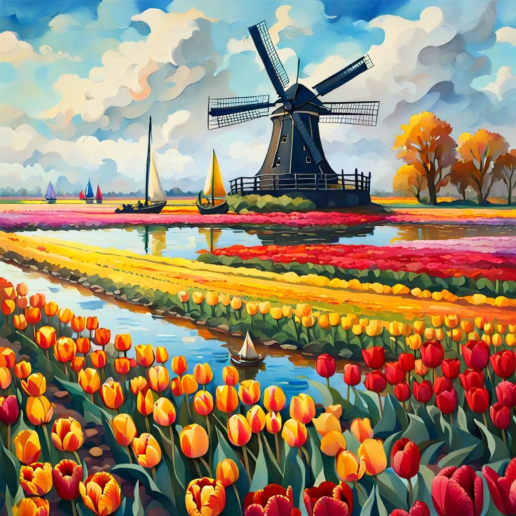 Dutch tulip fields with a windmill and sailboat