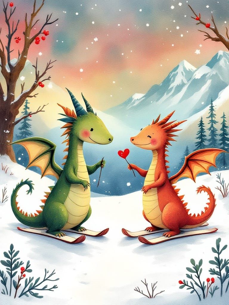 Magical Dragons on a Ski Date in Whimsical Winter Landscape